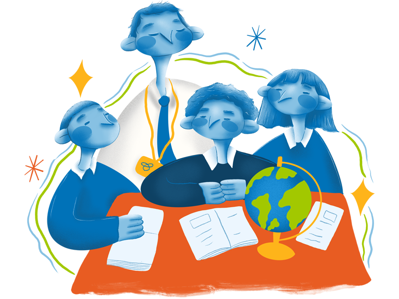 An illustration of an Estyn inspector with a group of 3 children at a desk with a globe and workbooks